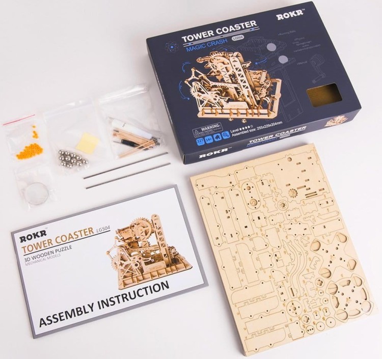 Tor dla kulek z wieżą drewniany mechaniczny DIY model 3D Robotime 11