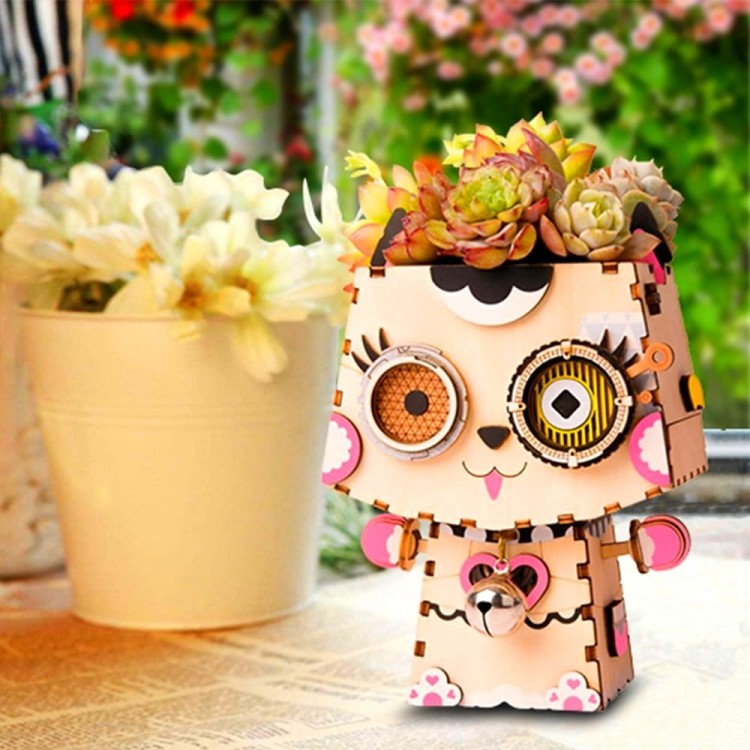 Drewniana doniczka Kotek puzzle 3D DIY Robotime  5
