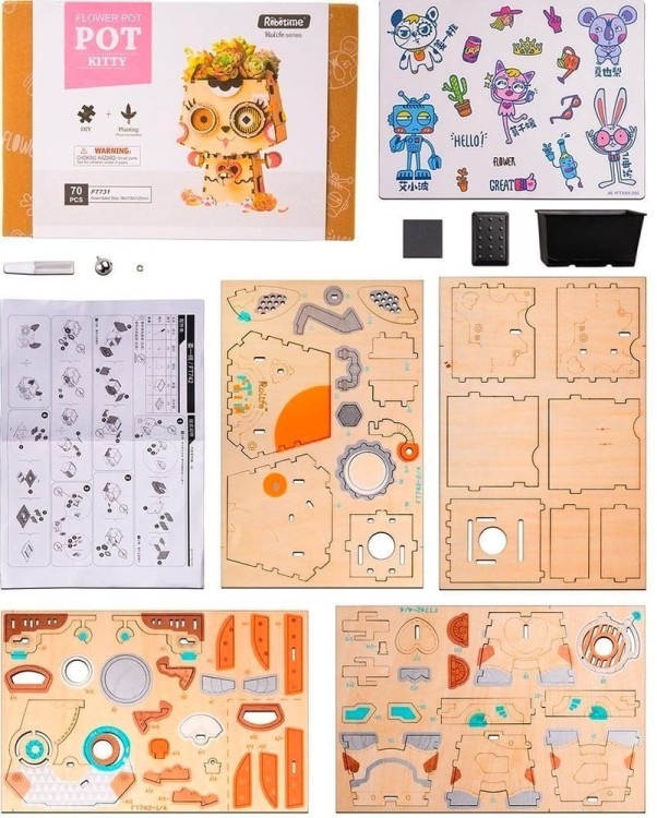 Drewniana doniczka Kotek puzzle 3D DIY Robotime  6