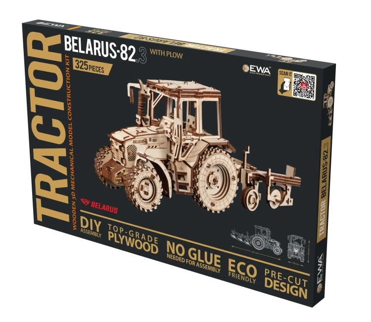 Traktor-BELARUS-82.3-z-plugiem--drewniane,-mechaniczne-puzzle-3D.webp