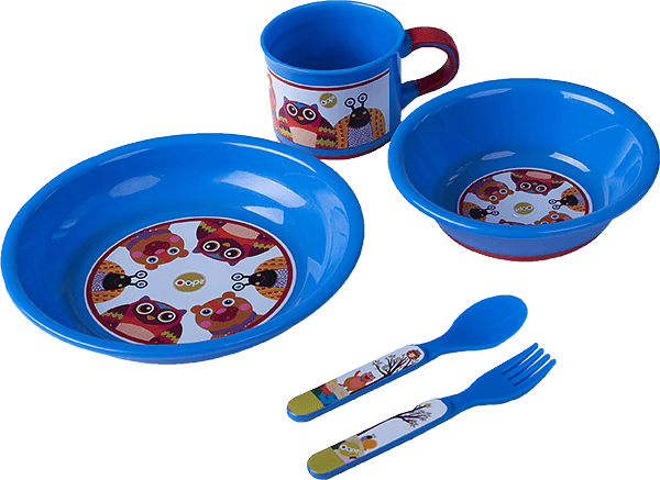 Zestaw niebieski talerzyki+kubek+sztućce Eat Well Oops
