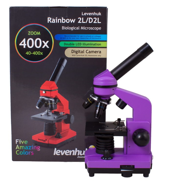 Mikroskop Rainbow 2L Amethyst filetowy Levenhuk + GRATIS zestaw K50 do eksperymentów
