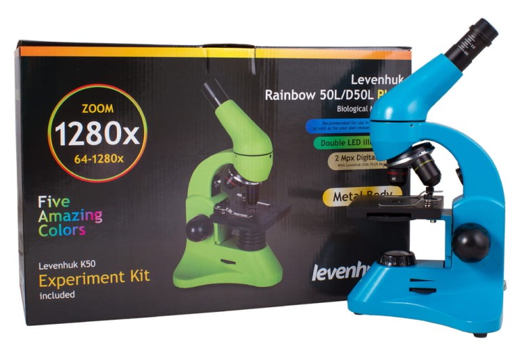 Mikroskop Rainbow 50L PLUS Azure błękitny Levenhuk + GRATIS zestaw K50 do eksperymentów