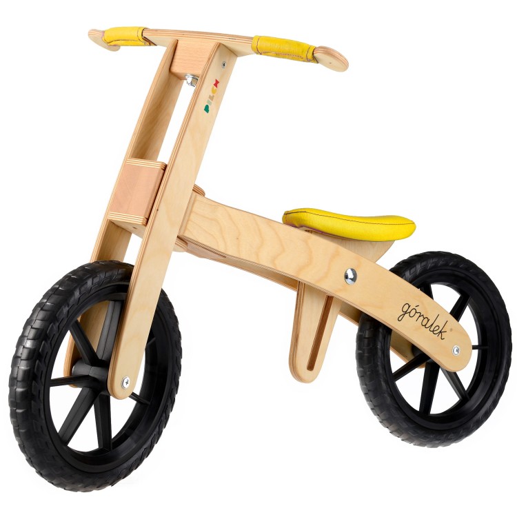 GÓRALEK żółty naturalny Drewniany rowerek biegowy jeździk Pilch