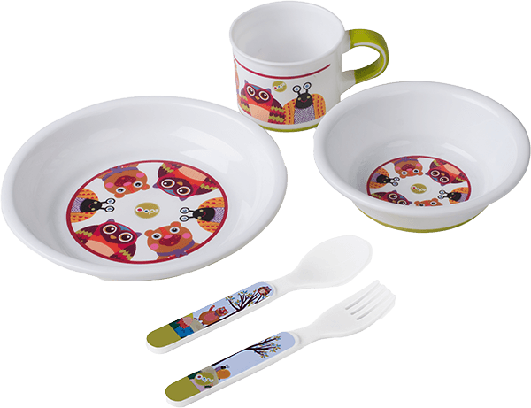 Zestaw biały talerzyki+kubek+sztućce Eat Well Oops