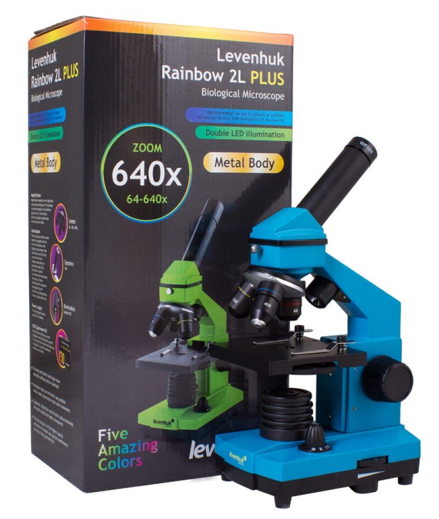 Mikroskop Rainbow 2L PLUS Azure błękitny Levenhuk + GRATIS zestaw K50 do eksperymentów